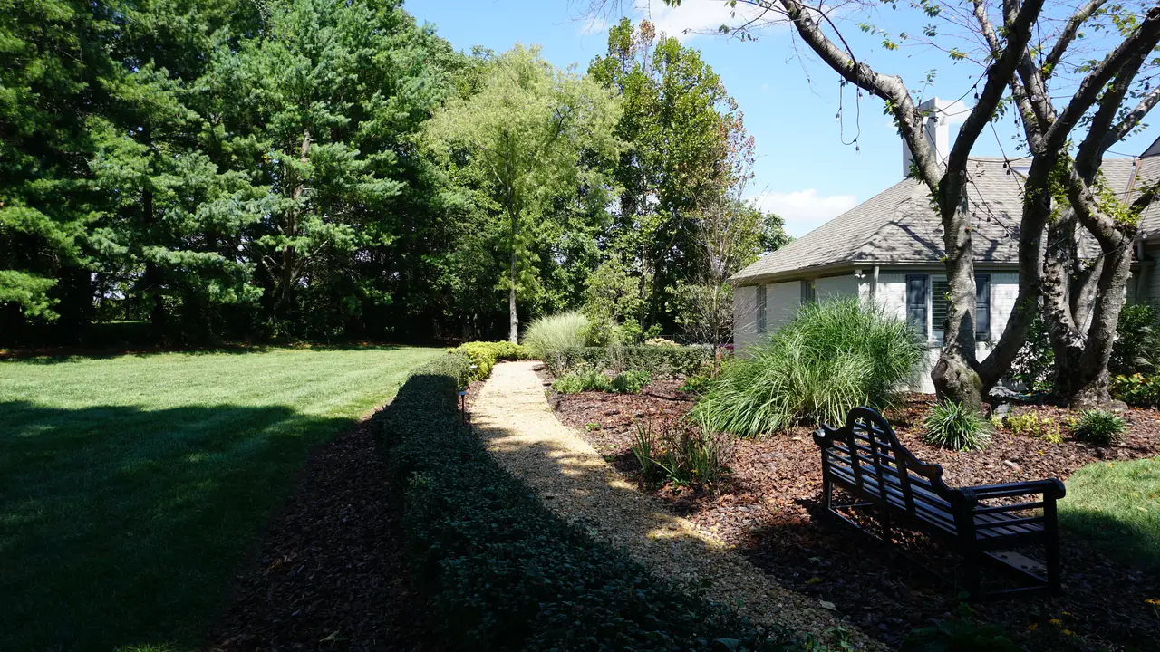 A gravel garden path beside curved hedges, planting beds and a bench.