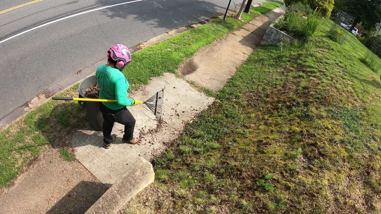 A crew member with a rake collects smaller debris beside the yard and sidewalk.